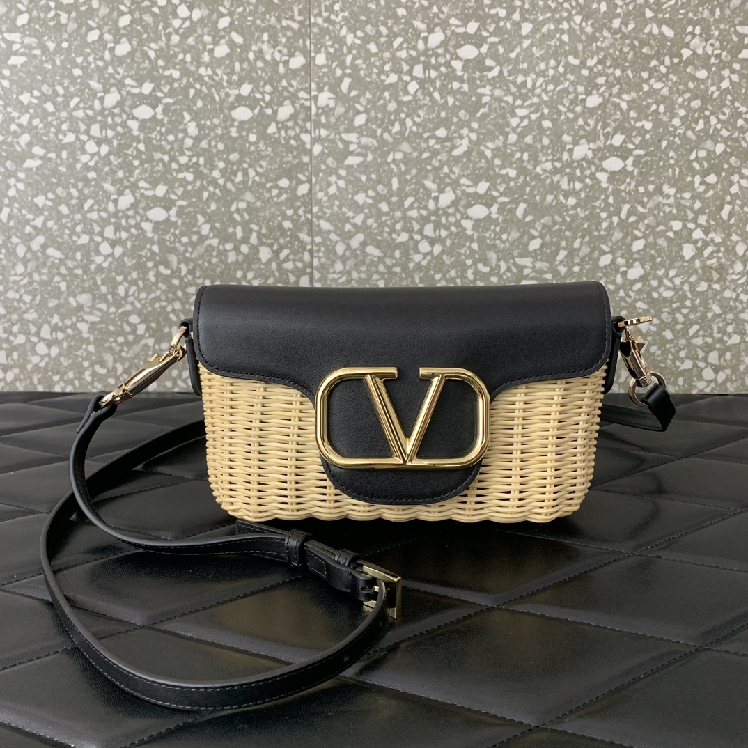 Valentino Garavani Loco Small Shoulder Bag in Black Woven Synthetic Wicker 